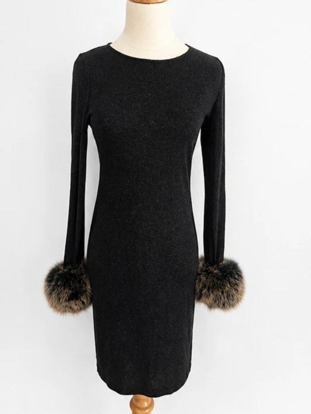 Alice + Olivia Adrianna Fur Trimmed Cuffs Sweater Dress Wool Charcoal Size S